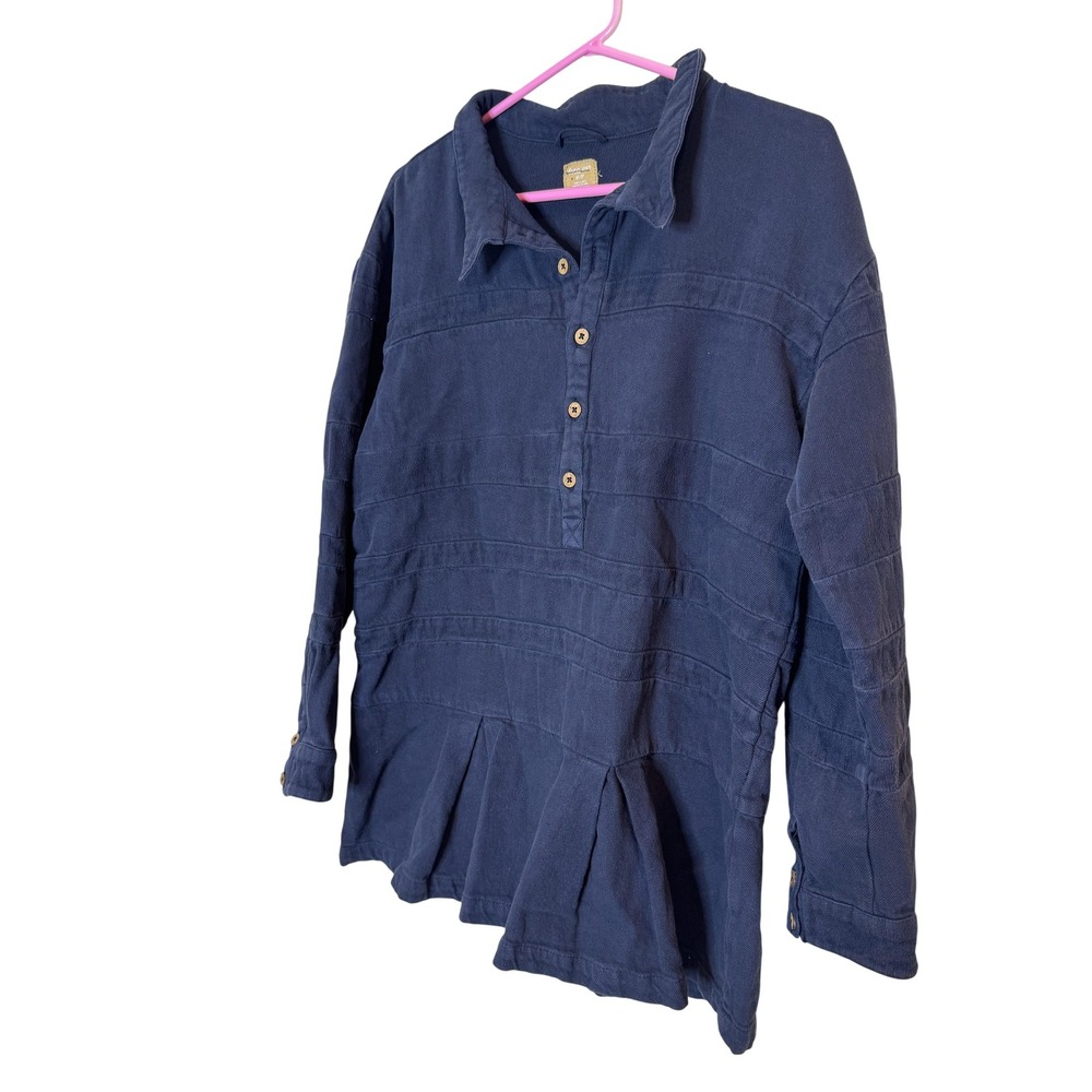 Free People Tunic Shirt Womens XS‎ Blue Collared Button Front Pleated Cotton